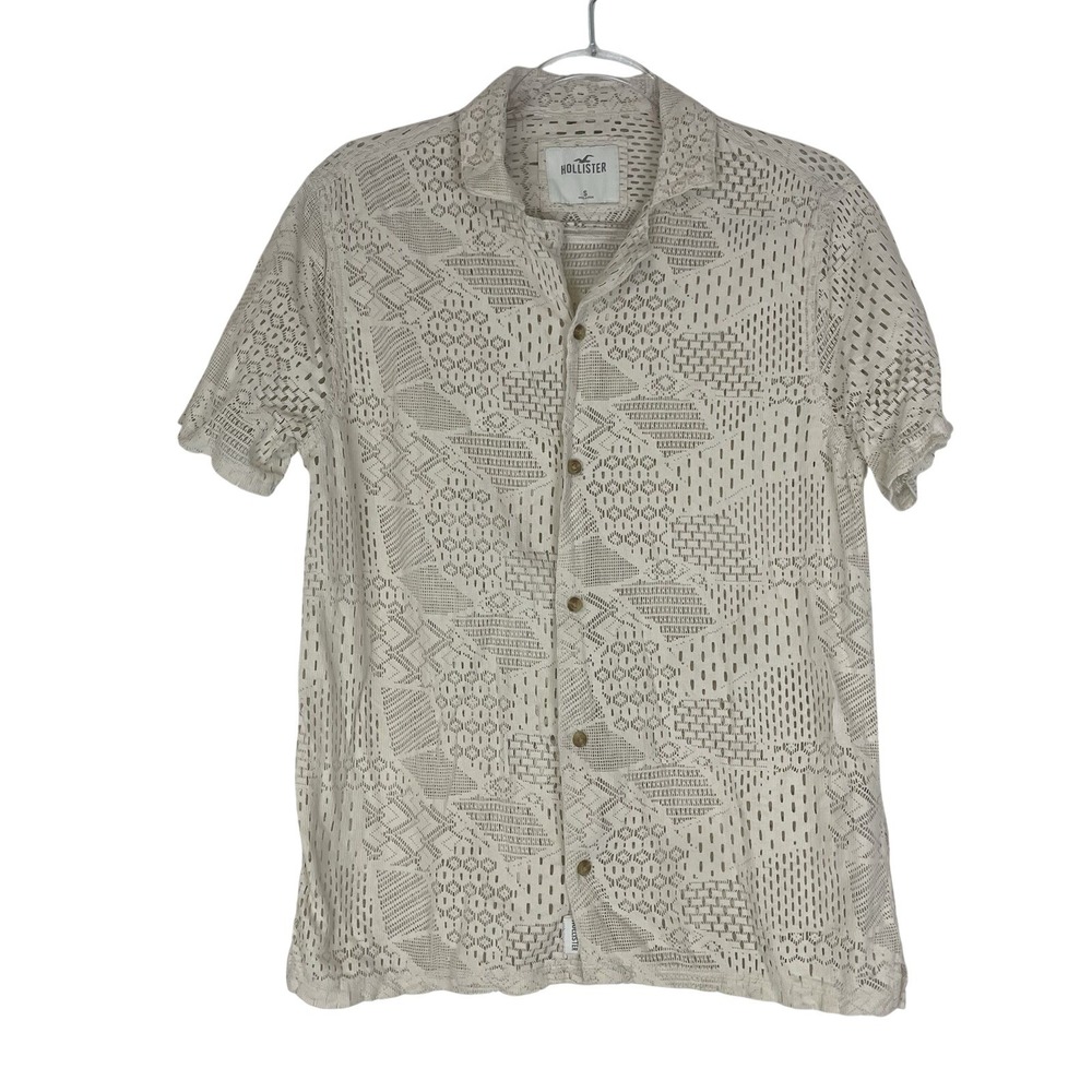 Hollister Crochet Lace Button Up Shirt Men Small Cream Sheer Boho Beach Coastal